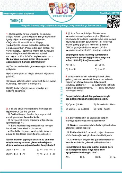 6 sınıf türkçe test